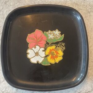 Vintage Couroc Tray Western Airlines, 8 1/2" Handpainted Flowers Hibiscus Hawaii